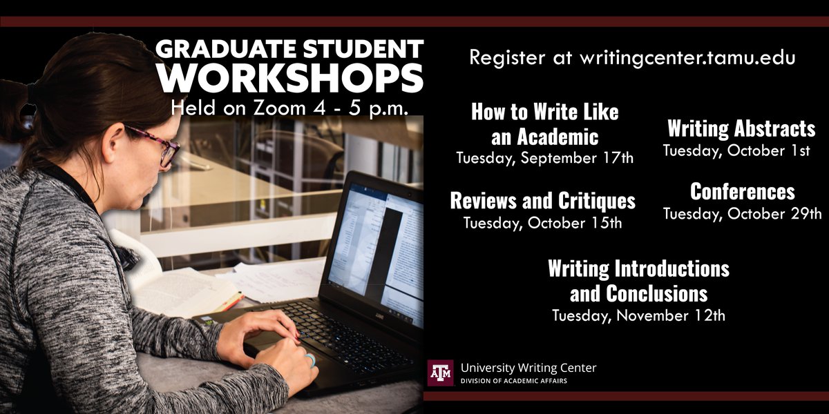tamuwc's tweet image. Our first graduate student workshop of the semester is this afternoon from 4-5 p.m. on Zoom! If you&apos;re interested in learning how to write like an academic, then register at writingcenter.tamu.edu. 📝 #tamuwc