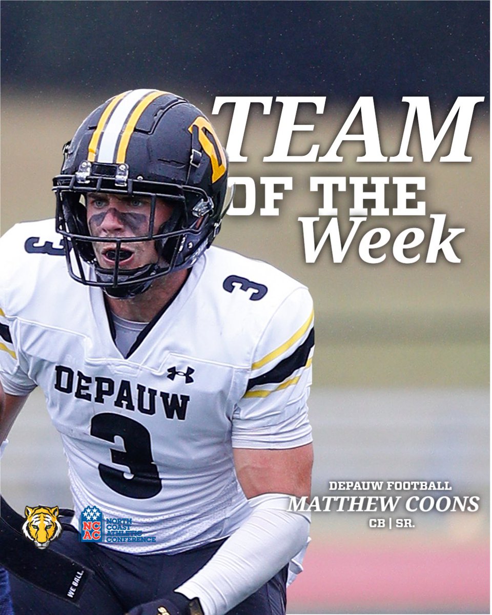 DePauw Tigers (@depauwathletics) on Twitter photo ICYMI: <a href="/DePauwTigersFB/">DePauw Football</a> had a big weekend & 2 Tigers were recognized for their efforts this week!
🏈Jr. WR, Robby Ballentine for being named <a href="/NCAC/">NCAC</a> Offensive Athlete of the Week
🏈 Sr. CB, Matthew Coons for earning a spot in the <a href="/d3football/">D3football.com</a> Team of the Week
#TeamDePauw #d3fb ICYMI: <a href="/DePauwTigersFB/">DePauw Football</a> had a big weekend & 2 Tigers were recognized for their efforts this week!
🏈Jr. WR, Robby Ballentine for being named <a href="/NCAC/">NCAC</a> Offensive Athlete of the Week
🏈 Sr. CB, Matthew Coons for earning a spot in the <a href="/d3football/">D3football.com</a> Team of the Week
#TeamDePauw #d3fb