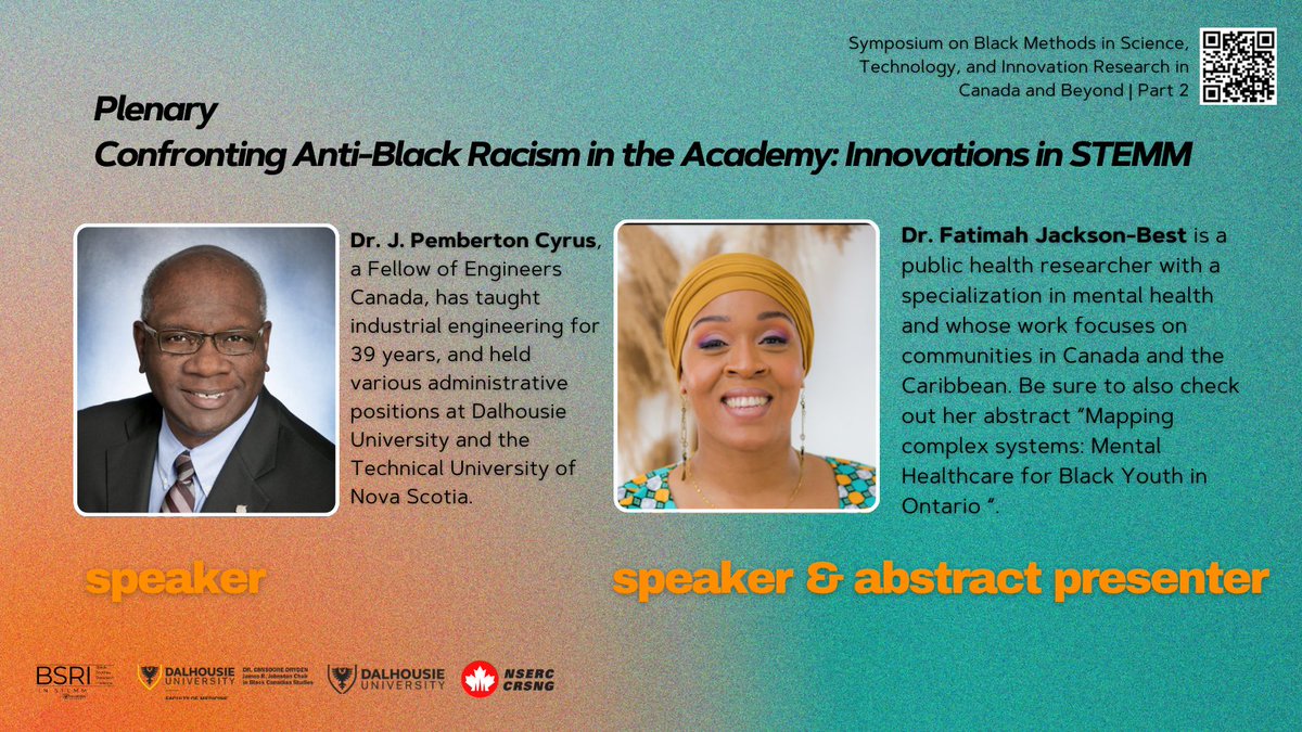 Join our plenary speakers Dr. J. Pemberton Cyrus &amp; Dr. Fatimah Jackson-Best! Dr. Cyrus is the President of <a href="/imhotepslegacy/">Imhotep’s Legacy Academy ⚛️</a> &amp; former Head of <a href="/Dal_IndEng/">Dal Industrial Eng</a>. Dr. Jackson-Best is an Assistant Professor <a href="/HEI_mcmaster/">HEI</a> &amp; holds a joint appointment <a href="/MacDeptMed/">McMaster University Department of Medicine</a> &amp; will present an abstract too