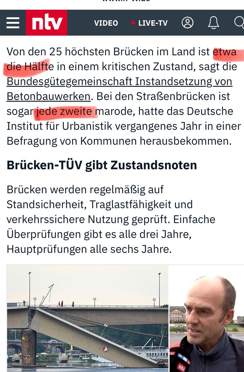 Liebe <a href="/ntvde/">ntv Nachrichten</a> Redaktion was ist denn der Unterschied zwischen der „Hälfte“ und „jeder zweiten“ Brücke? 😳 
Ist schon schlimm - das mit den Brücken 😉 
#Brückenschmerzen