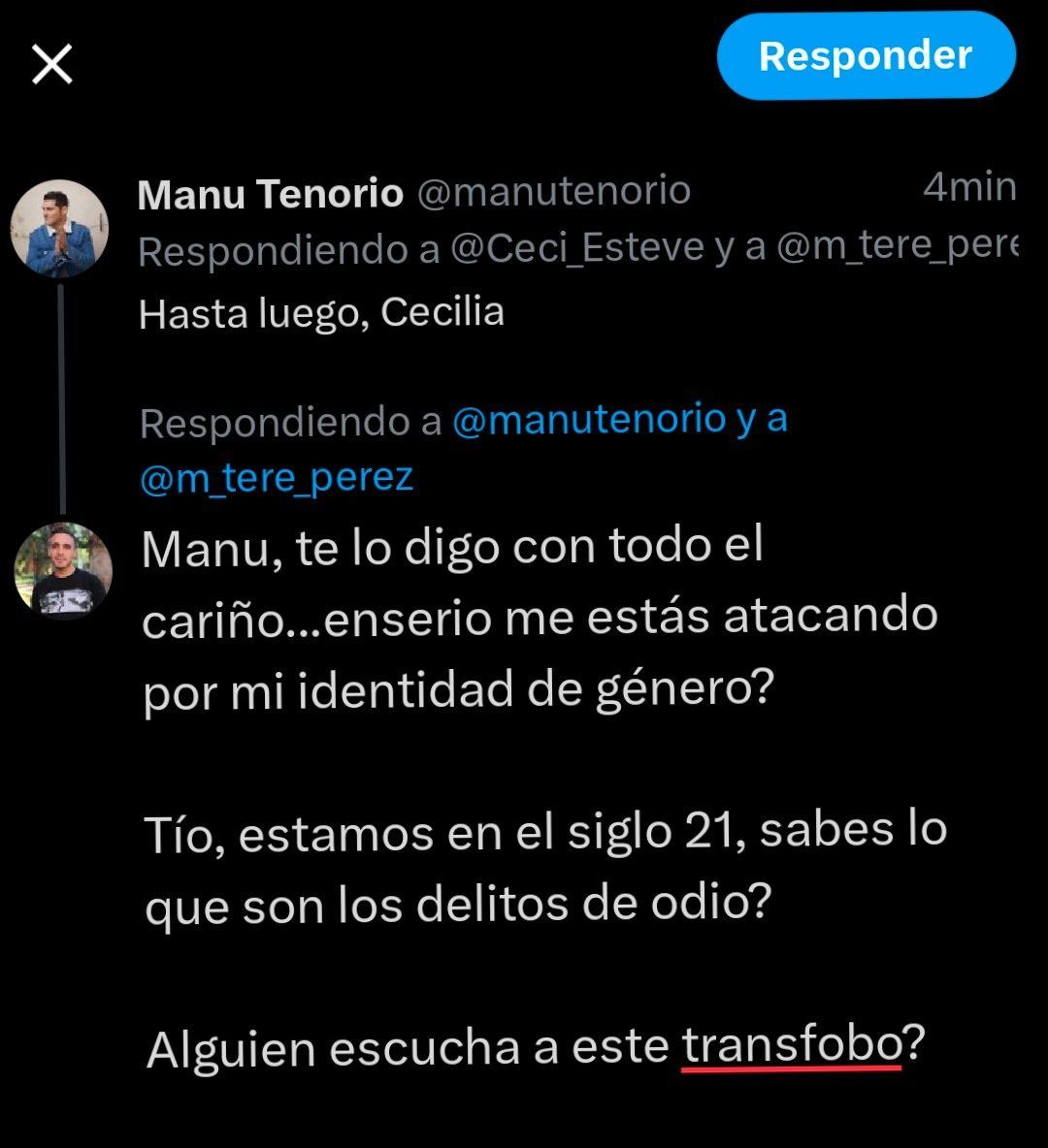 Ceci_Esteve's tweet photo. #ManuTenorio me ha insultado...cambiando mi nombre, según su perspectiva, de género.

Alguien escucha el género transfóbo? https://t.co/Vc2oWTLyz1