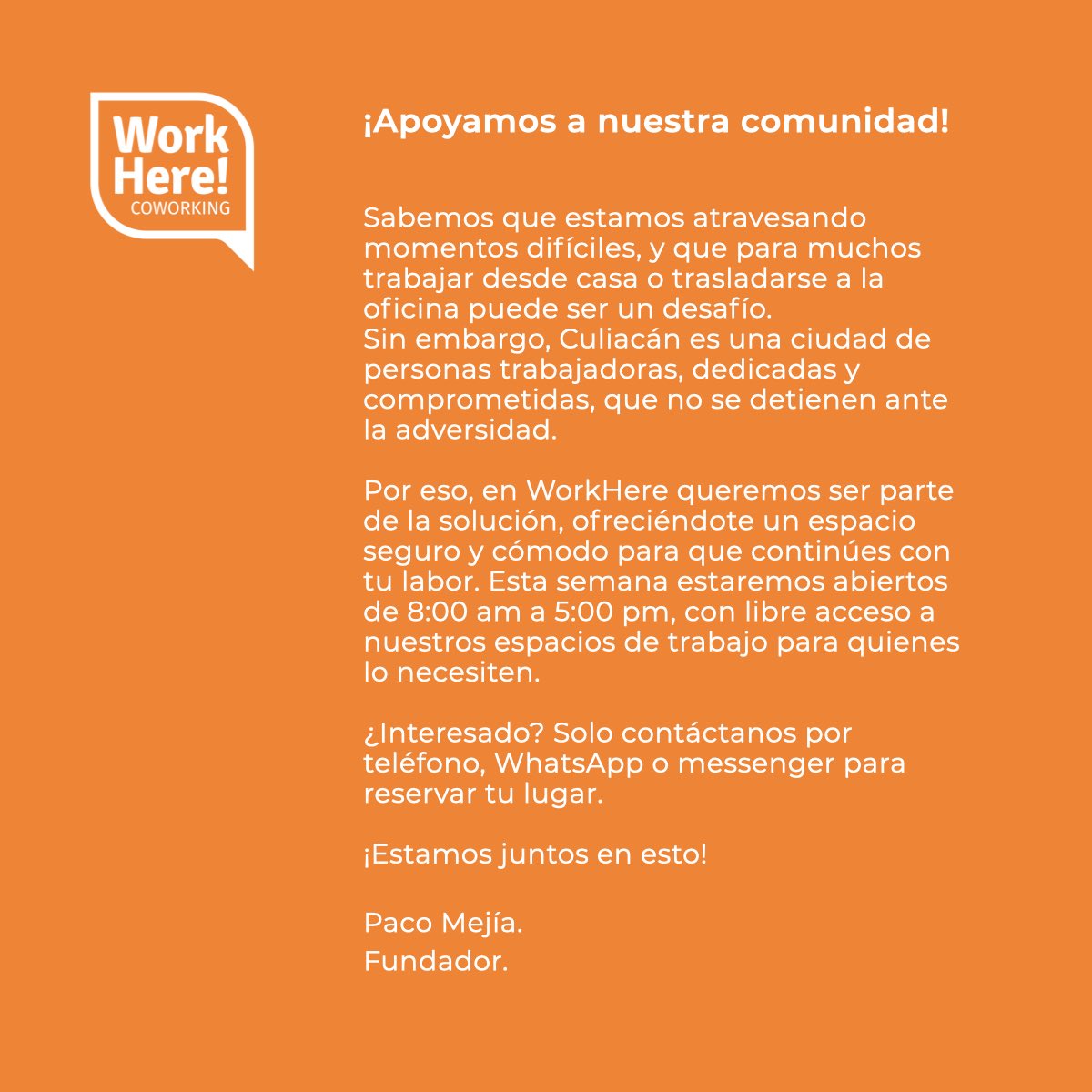 Aviso a las personas trabajadoras, dedicadas y comprometidas de #Culiacán.