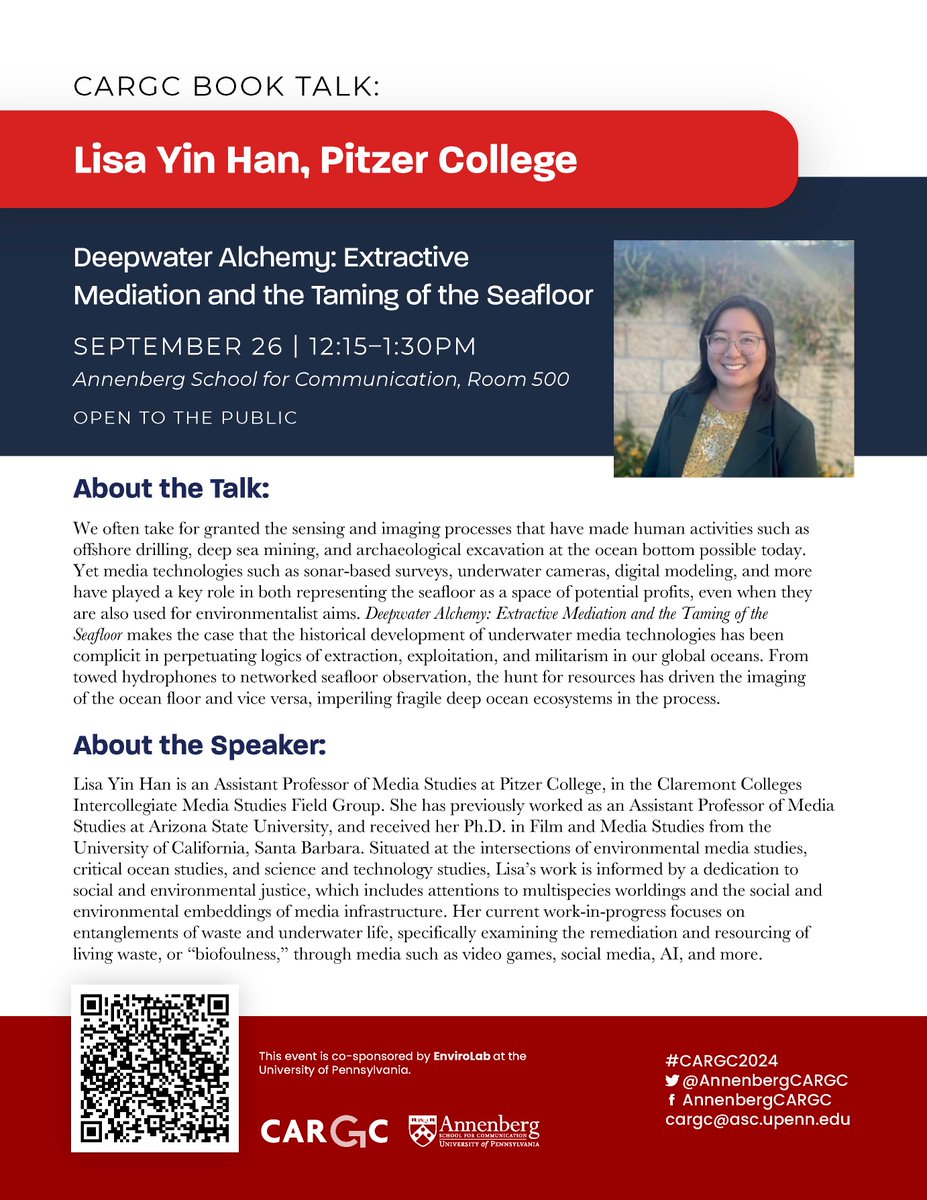 Next Thursday 9/26 at 12:15 pm, Dr. Lisa Yin Han will give a CARGC book talk, "Deepwater Alchemy: Extractive Mediation and the Taming of the Seafloor". Learn more and register at asc.upenn.edu/news-events/ev….