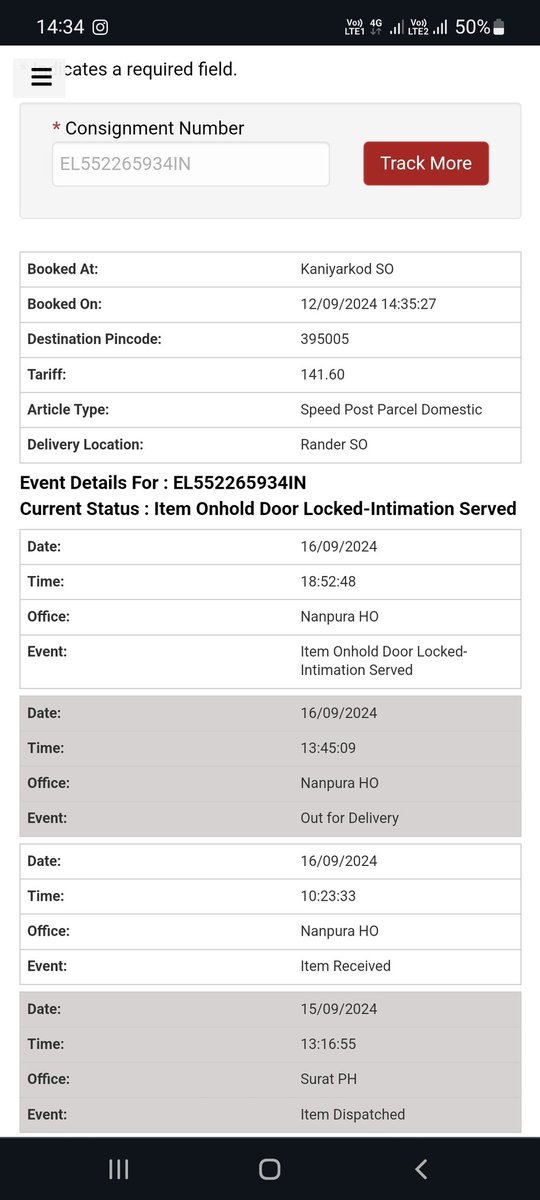nkprasanth's tweet photo. @IndiaPostOffice My article EL552265934IN is showing status as delivered but not not received yet. Wrong  status observed while tracking the item as door locked but actually no one tried the delivery. The item was booked for Rander SO but delivery attempted is at Nanpura HO. https://t.co/RdpplxgFfd
