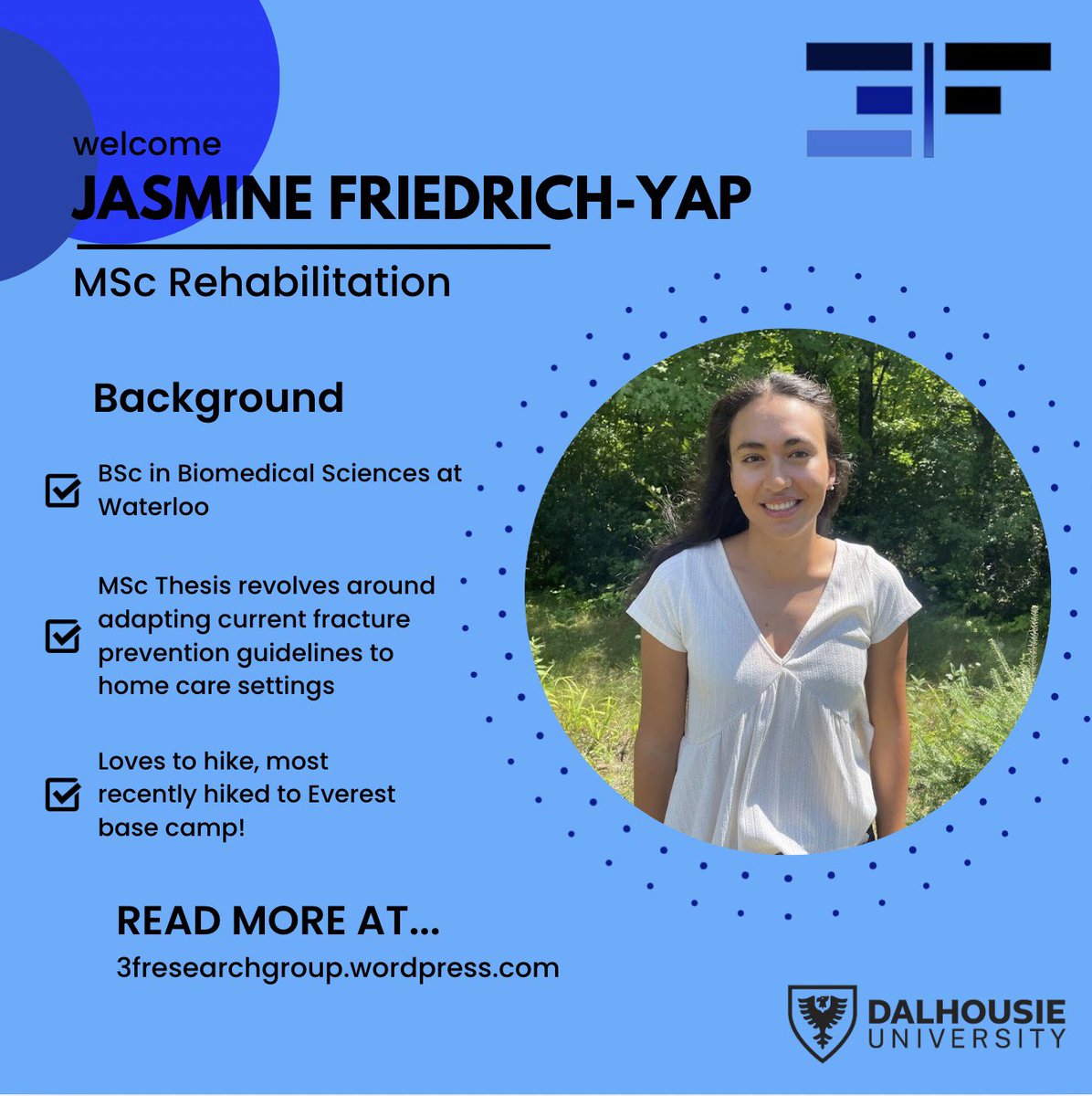 It’s Team Member Tuesday! A big welcome to Jasmine who will be doing her masters with the 3F research group. To read more about Jasmine head to our website!
