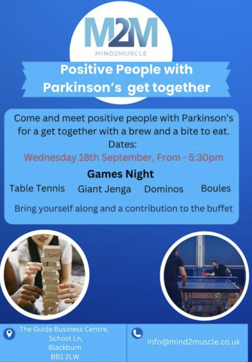 Charlotte Maria (@m2m_academy) on Twitter photo “East Lancashire Young Onset Parkinsons Group” 
#Mind2Muscle #Charity #YOPD this Wednesday evening for those diagnosed and working to support their young families. Get the right support, advice, social interaction and rehabilitation. 
#Physiotherapy and #Sports #Medicine “East Lancashire Young Onset Parkinsons Group” 
#Mind2Muscle #Charity #YOPD this Wednesday evening for those diagnosed and working to support their young families. Get the right support, advice, social interaction and rehabilitation. 
#Physiotherapy and #Sports #Medicine