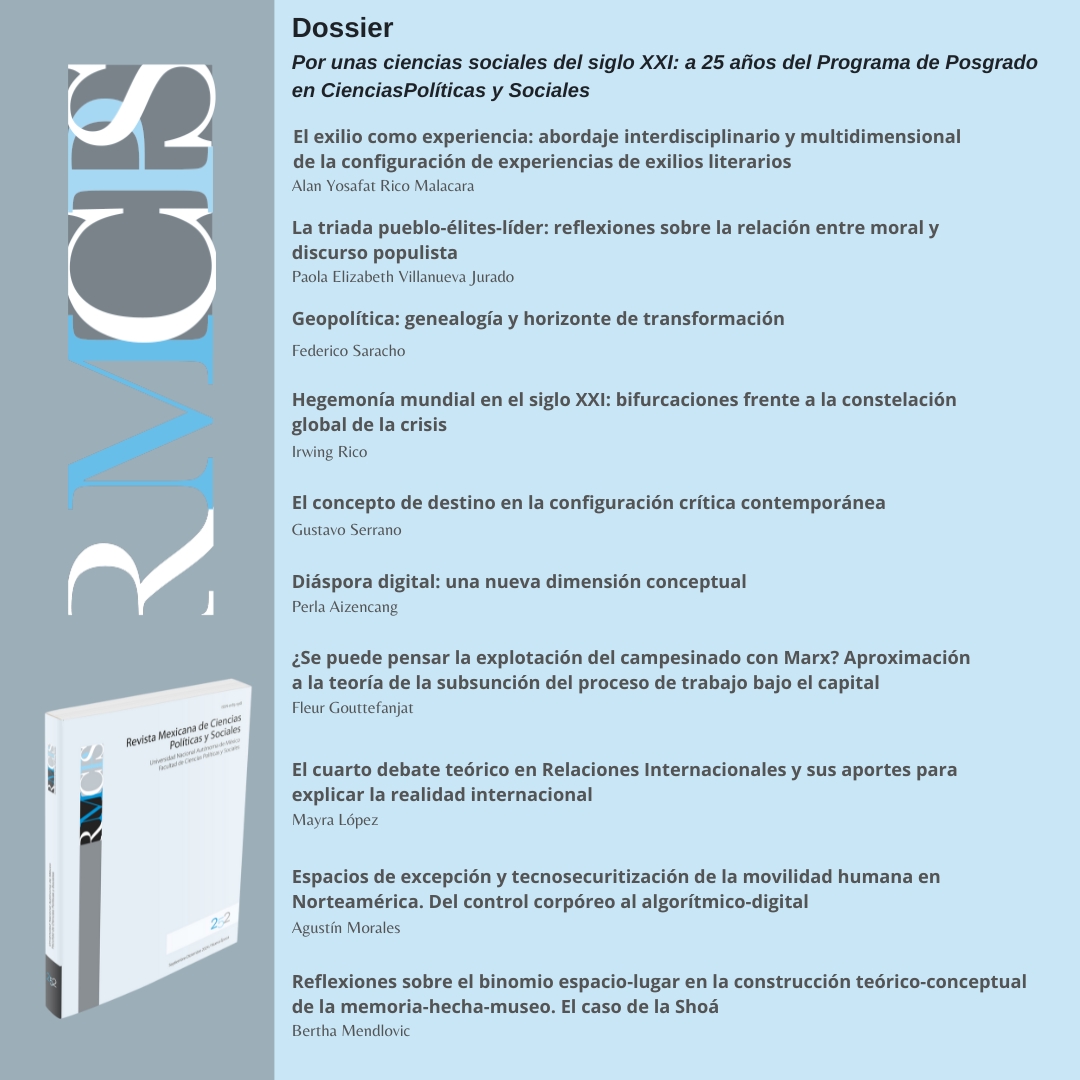 📘 DOSSIER
''Por unas ciencias sociales del siglo XXI: a 25 años del Programa de Posgrado en Ciencias Políticas y Sociales''

Consulta los artículos del dossier de nuestro número 252 aquí 👇🏻
revistas.unam.mx/index.php/rmcp…

#UNAM | #FCPyS | #DOSSIER | #RMCPyS