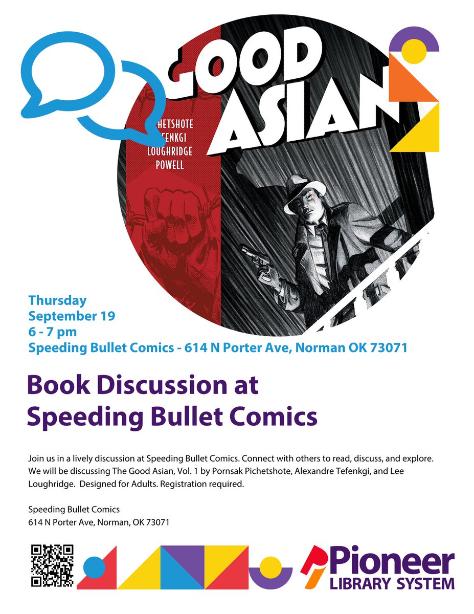 **REMINDER** This month's comics-based book discussion group at Speeding Bullet Comics is Thur, Sept 19th at 6 PM.  We will discuss The Good Asian, Vol. 1 by Pornsak Pichetshote, Alexandre Tefenkgi, and Lee Loughridge. 
To register or for more info -- bit.ly/3AWJJH7