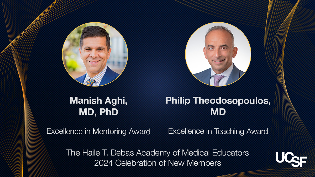 UCSF Neurosurgery (@neurosurgucsf) on Twitter photo Congratulations to <a href="/UCSF/">UC San Francisco</a> neurosurgeons <a href="/ManishKAghi/">Manish Aghi, MD PhD</a> and Philip Theodosopoulos, MD on receiving awards this year from The Haile T. Debas Academy of Medical Education <a href="/UCSFMedicine/">UCSF School of Medicine</a> in recognition of their outstanding contributions as medical educators and mentors! 🎉 Congratulations to <a href="/UCSF/">UC San Francisco</a> neurosurgeons <a href="/ManishKAghi/">Manish Aghi, MD PhD</a> and Philip Theodosopoulos, MD on receiving awards this year from The Haile T. Debas Academy of Medical Education <a href="/UCSFMedicine/">UCSF School of Medicine</a> in recognition of their outstanding contributions as medical educators and mentors! 🎉