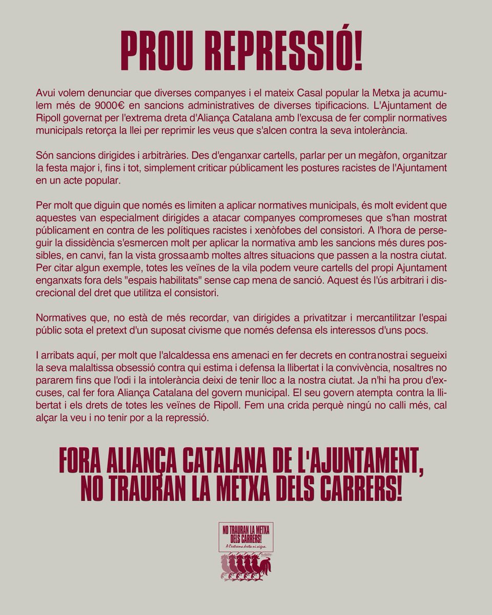 lametxaripoll's tweet photo. 👉🏼Nosaltres no pararem fins que l’odi i la intolerància deixi de tenir lloc a la nostra ciutat. Ja n’hi ha prou d’excuses, cal fer fora Aliança Catalana del govern municipal

🗣️Perquè ningú no calli més, cal alçar la veu i no tenir por a la repressió

#NoTrauranLaMetxaDelsCarrers https://t.co/6w1KzxNfOs