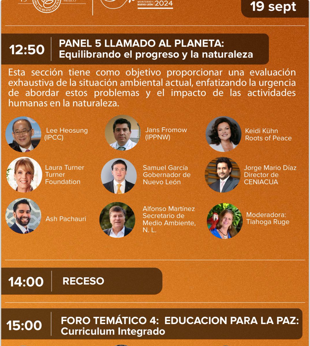 DrAlfonsoMM's tweet photo. Este jueves 19 de septiembre en el marco de la Cumbre de Premios Nobel de La Paz se llevará a cabo un importante panel sobre la importancia de equilibrar el desarrollo y la conservación de la naturaleza. Participarán como panelistas el Gobernador de Nuevo León @samuel_garcias , Lee Heosung Presidente del Panel Intergubernamental de Cambio Climático @IPCC_CH y Laura Turner reconocida ambientalista et al. @Turnerlaura4 @elnortelocal @ElHorizontemx @MVSNoticiasMty @DominioRadio @ElHorizontemx @Televisa @multimediostv @MilenioMty @ABCNoticiasMX