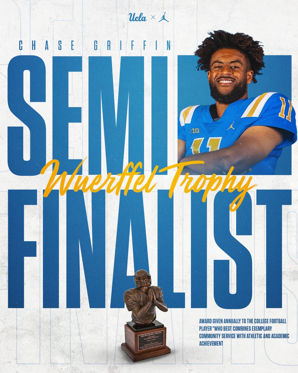 UCLA Football (@uclafootball) on Twitter photo Chase Griffin (<a href="/ChaseQB11/">Chase Griffin</a>) has been named a semifinalist for the Wuerffel Trophy! 🙌
The award is college football's highest community service honor.
ℹ️: ucla.in/4e7hvbp
#GoBruins Chase Griffin (<a href="/ChaseQB11/">Chase Griffin</a>) has been named a semifinalist for the Wuerffel Trophy! 🙌
The award is college football's highest community service honor.
ℹ️: ucla.in/4e7hvbp
#GoBruins