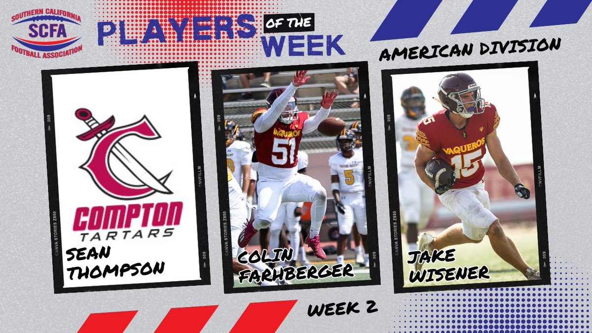 Lots of impressive performances this week! Congrats to the Week 2⃣ SCFA National &amp; American Division Players of the Week!
Offensive: Will Burns / Sean Thompson
Defense: Sunia Maafu / Colin Farhberger
ST/AP: Luis Rodriguez / Jake Wisener
Read more at scfafootball.com/sports/fball/2…