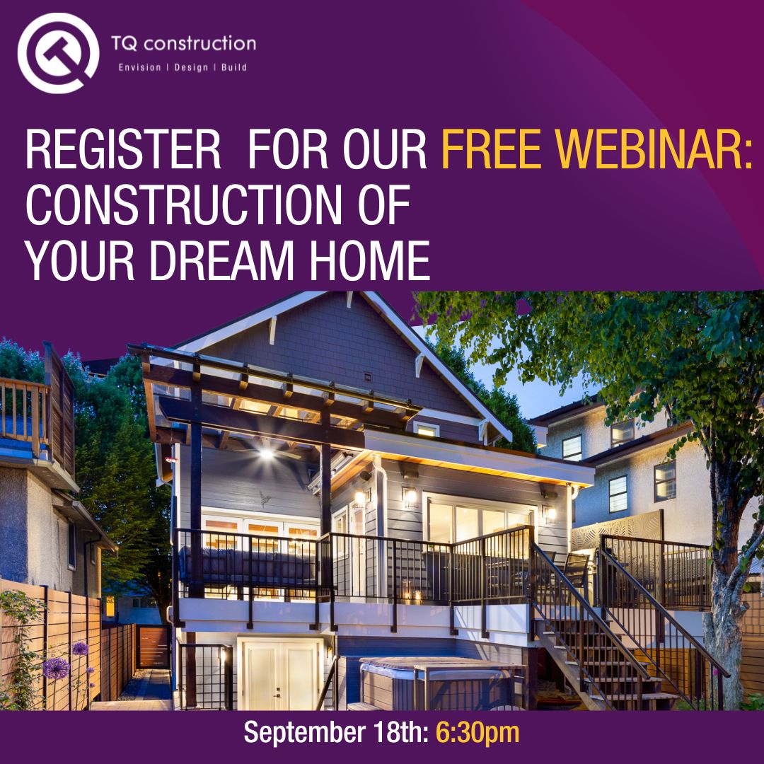 We have a FREE webinar and Q &amp; A happening TOMORROW at 6:30pm: Construction of Your Dream Home. TQ's Megan will walk you through the process of planning &amp; building your dream home.
Pre-registration required - click the link below.
link.tqconstruction.ca/register