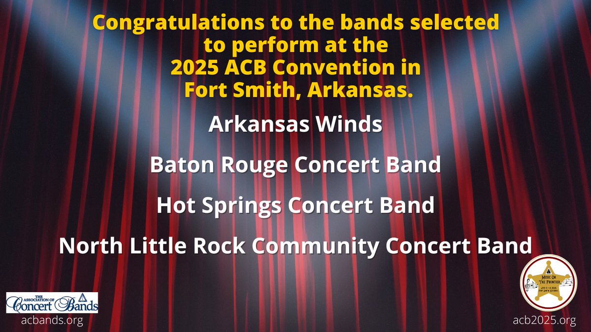 Congratulations to the following member bands selected to perform at the 2025 ACB Convention in Fort Smith, AR. <a href="/ArkansasWinds/">Arkansas Winds</a> <a href="/HSCBands/">Hot Springs Concert Band</a> Baton Rouge Concert Band, North Little Rock Community Concert Band #BandsofACB