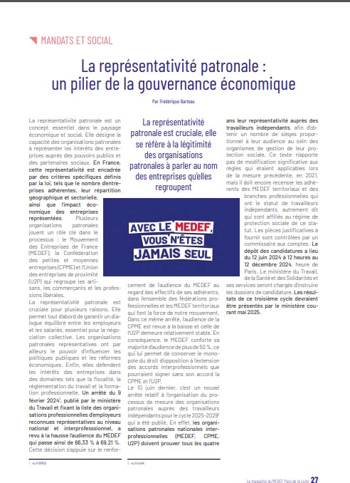 "C'est quoi la représentativité patronale ?" déjà une bonne raison d'adhérer au <a href="/medef/">Mouvement des Entreprises de France</a> 
Pour une réponse plus détaillée, télécharger le magazine du <a href="/MedefPDL/">Mouvement des Entreprises de France #Paysdelaloire</a> et RDV en page 27 medef-paysdelaloire.fr/uploads/media/… 
cc <a href="/PatrickMartin_1/">Patrick Martin</a> <a href="/Samueltual/">Tual Samuel</a> <a href="/f_lesache/">Fabrice Le Saché</a> <a href="/comex40medef/">Comex40 du Medef</a>