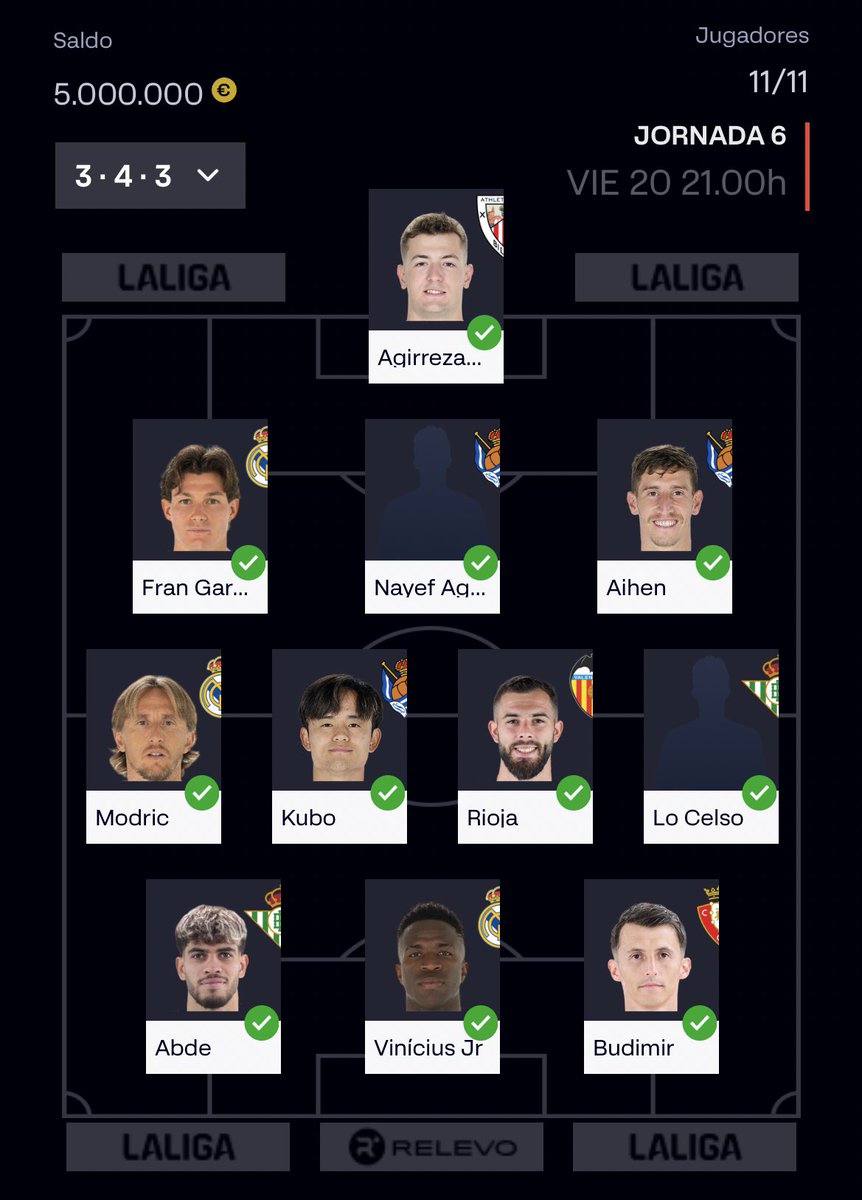 🧙🏼‍♂️🛠️ Confeccionando mi XI provisional para LaLiga Fantástica.

▪️ Confianza en Athletic, Real Sociedad, Real Madrid y Betis.

▪️ Budimir chollazo. 8M y vs Las Palmas en casa.

▪️ Rioja, apuesta personal.