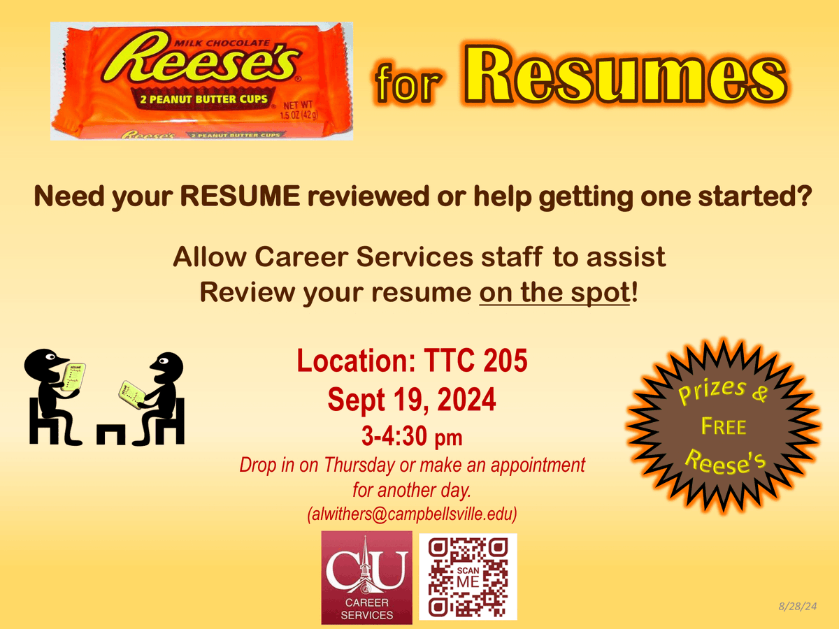 Come see us this Thursday and get your resume reviewed or started for some FREE Reese's!