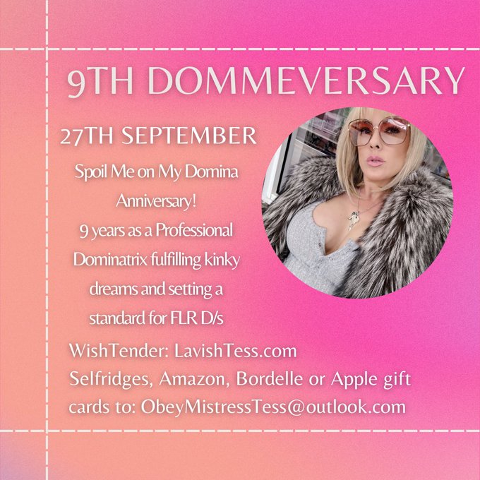 It&rsquo;s My Dommeversary soon..  27th September 🎁💐💝💷🥂👠  https://t.co/ZXZzIuhsrf  Or send to; ObeyMistressTess@outlook