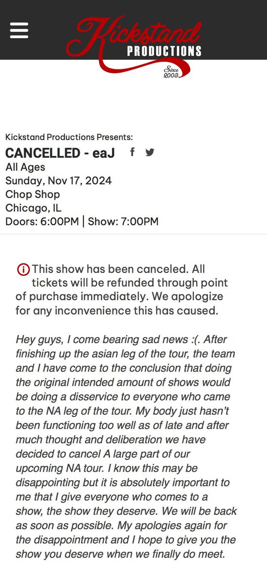 kyabrogdon's tweet photo. @pb_eaj i found this for chicago, and LA just got canceled too. i think they’re going through and doing them one by one, the ticket sites just aren’t reflecting it properly yet https://t.co/IeIKGT1ZEp
