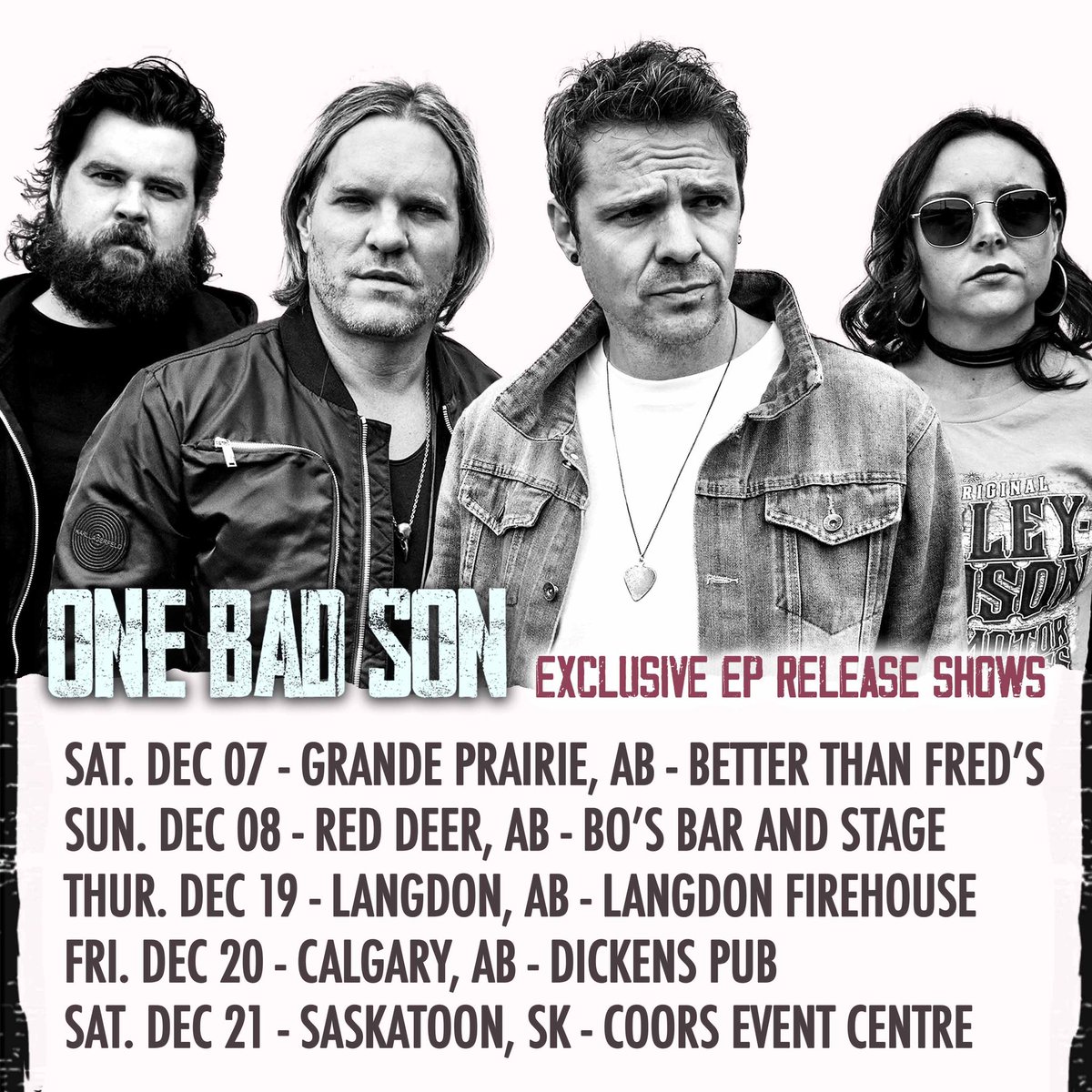 We will be playing 5 exclusive EP release shows this December!! 

Tickets Available at onebadson.com!