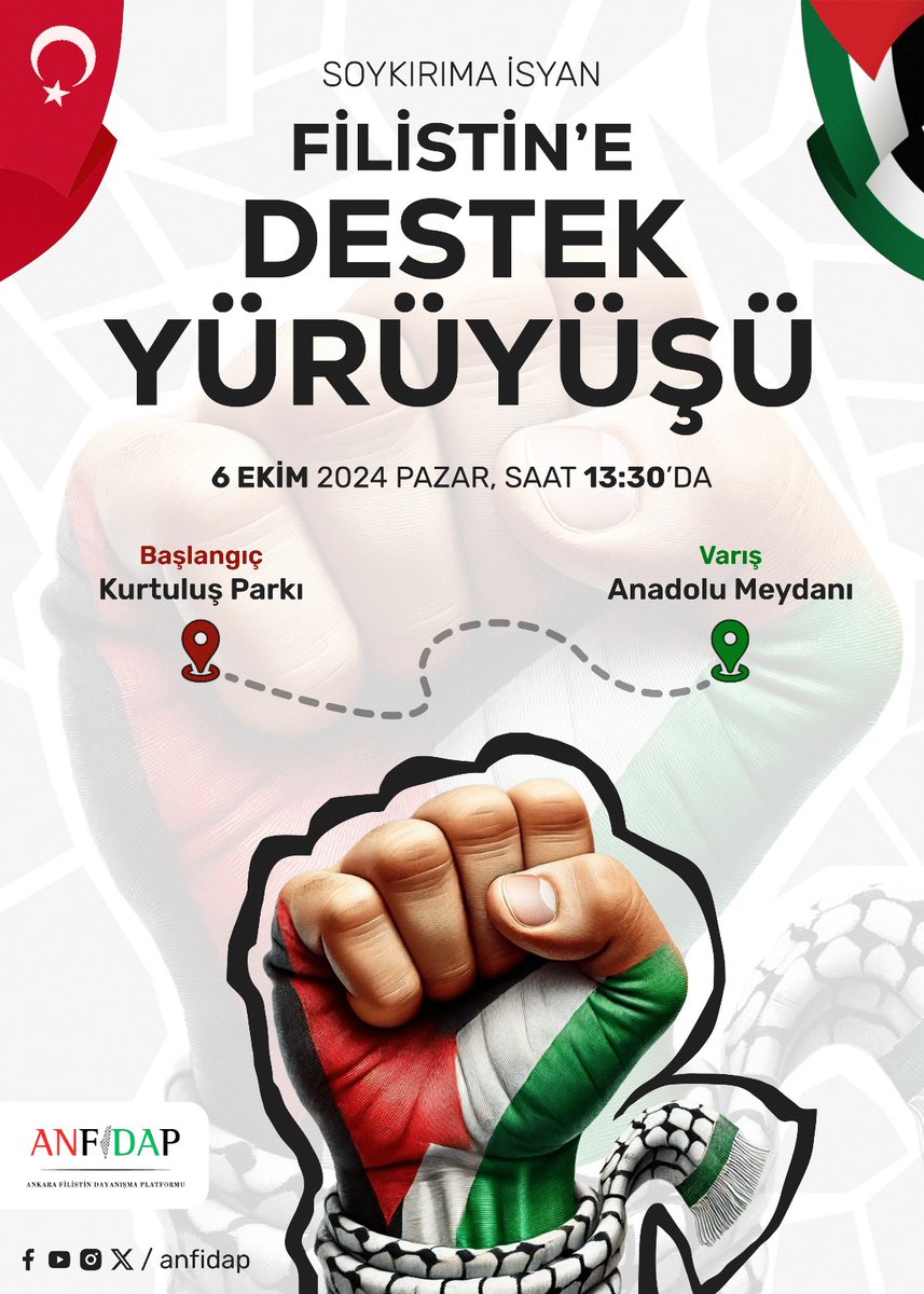 Soykırımın Yıl Dönümünde Meydanlardayız 📢

Mazlum Gazze'nin sesi olmak ve bir yıldır süregelen zulme dur demek için Ankara Kurtuluş Parkı'nda buluşuyor, Anadolu Meydanı'na yürüyoruz .

📅 6 Ekim Pazar
⏰ 13.30
📍Kurtuluş Parkı ➡️ Anadolu Meydanı

#FilistineDestekYuruyusu