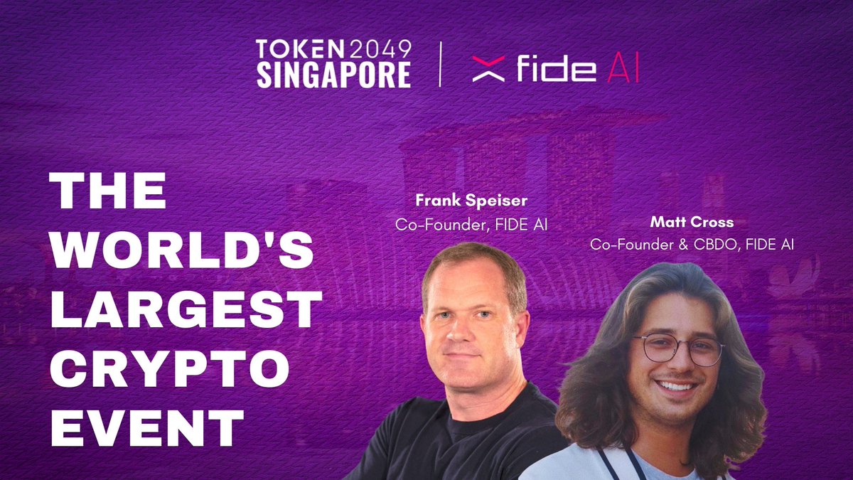 metafide_ai's tweet photo. Our founders, Matt (@DAOgcoin) and Frank (@fspeiser), will be at #TOKEN2049 in Singapore! 🇸🇬

Don't miss the chance to meet them, discuss the future of AI and blockchain, and explore what's next for @FIDE_AI. 

See you there!

#TOKEN2049 #FIDE #AI #Blockchain https://t.co/hv0nnqlXWm
