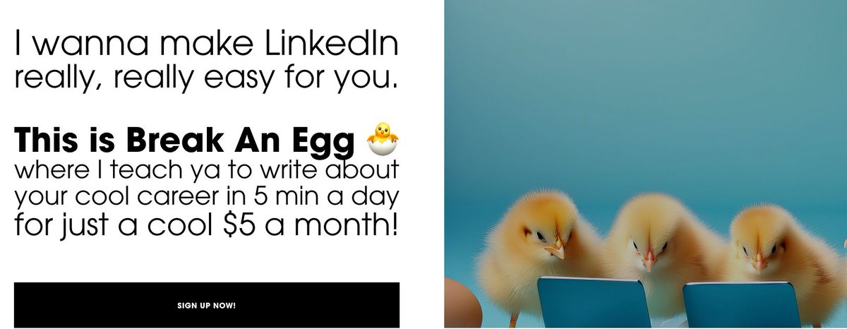 About 🐣Break An Egg:

I wanna help you get comfortable sharing your career thoughts + perspectives online!

For just $5/month, you get:
- Daily writing prompts for LinkedIn
- Proven social hooks I've used myself
- Access to our community!

Learn more: breakaneggdaily.com