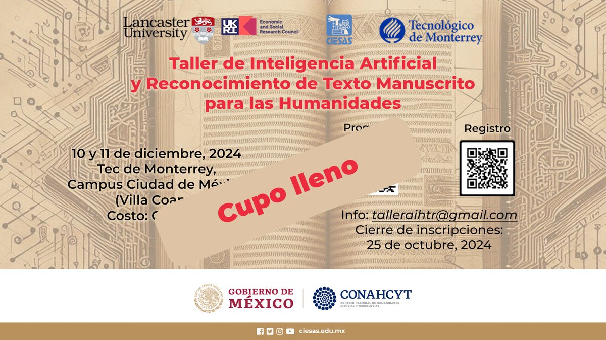 Aviso 📢
Cupo lleno en el Curso-Taller de inteligencia artificial y reconocimiento automático de texto manuscrito para las humanidades.
Gracias por tu interés.