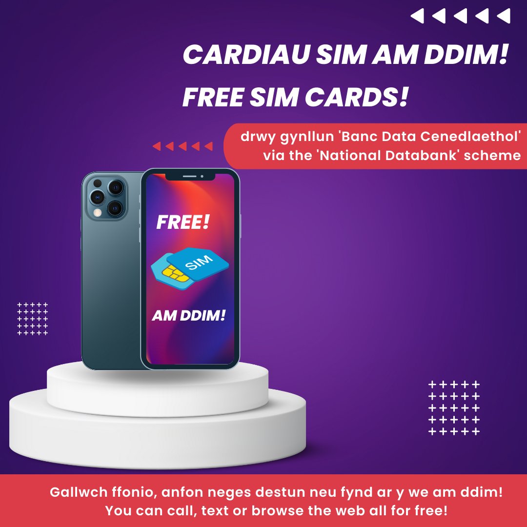 Free SIM cards are available via the National Data Bank scheme for residents  over 18 who are on a low income.

More info: linktr.ee/LlyfrgellGwyne…