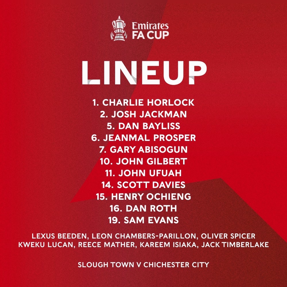 The squad is set for tonight’s FA Cup Second Round Qualifying replay. 🔒

Three changes to the side from Saturday. Davies, Roth and Evans come in for Chambers-Parillon, Beeden and Lucan. ✅

#EmiratesFACup #OneSlough