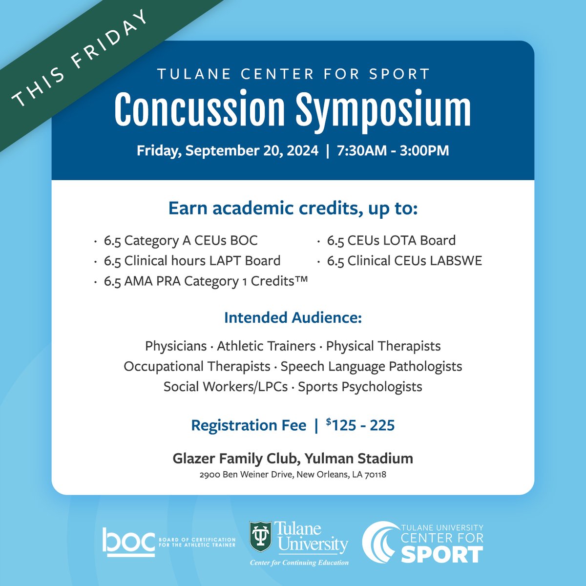 Last chance to register! 📣 #SportsMedicine professionals, join us this Friday for our Concussion Symposium - learn how to identify and assess concussions from brain injury experts and earn up to 6.5 credits. 🧠

Learn more and register ➡️ bit.ly/3wycJDi
