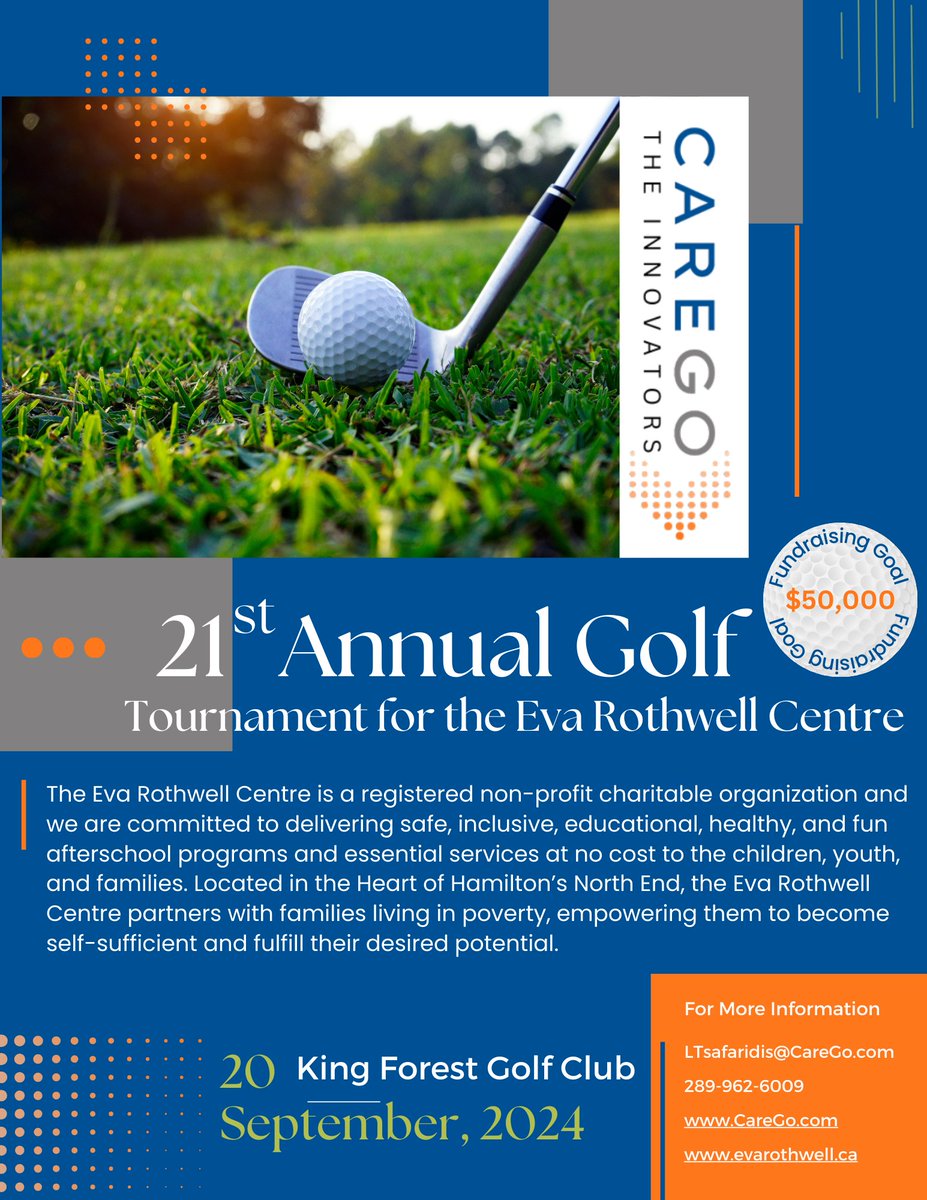 ⛳️ Join us for the CareGo Charity Golf Tournament in support of the <a href="/EvaRothwell460/">Eva Rothwell Centre</a>
📅 Sept 20, 2024
📍 Kings Forest Golf Club, Hamilton, ON
🕛 Registration &amp; Lunch: 12PM | Shotgun Start: 1PM
Lunch, Dinner, Swag, Raffle &amp; Door Prizes, Auction Items 🎉
#CareGoGolf2024 #CharityGolf