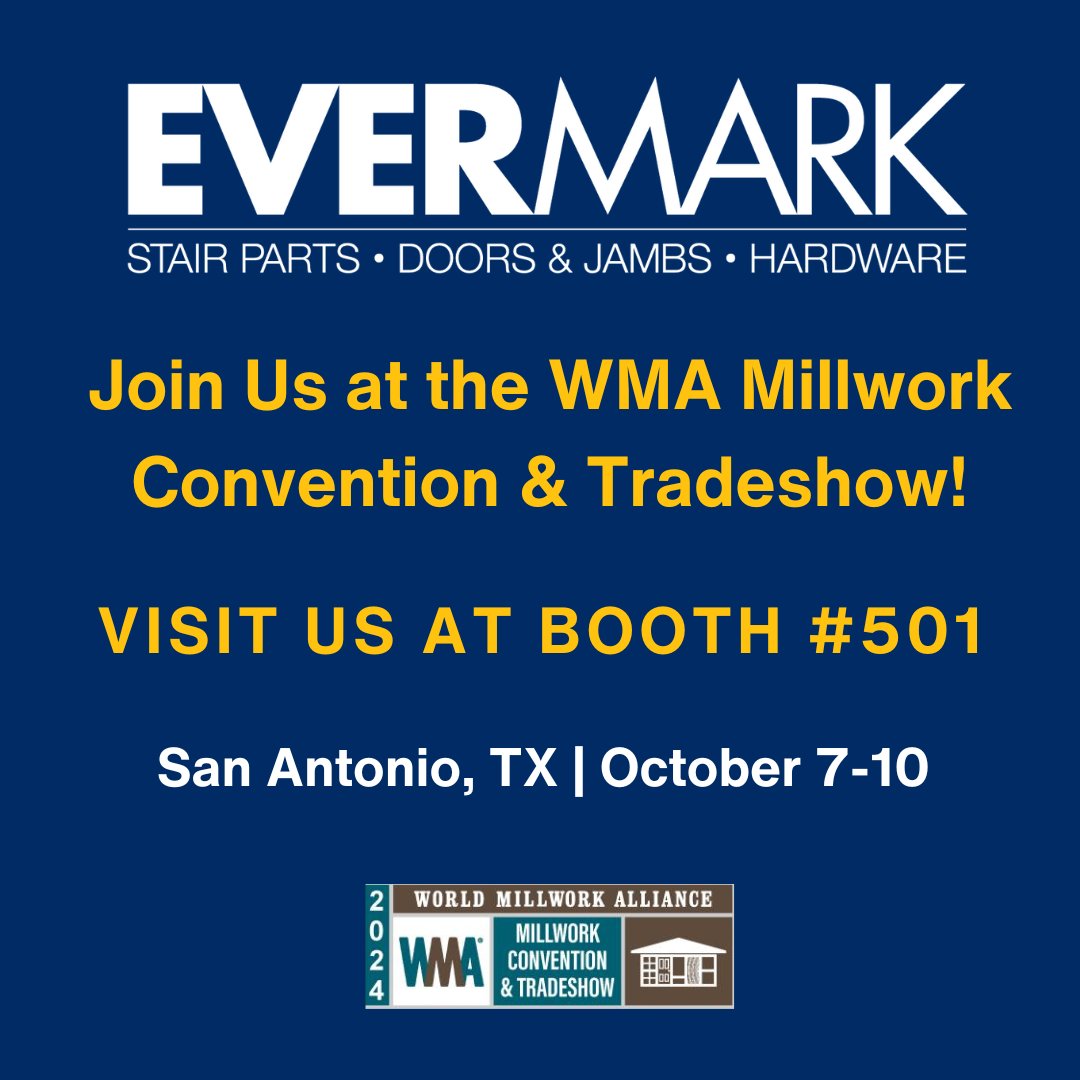 EvermarkHome's tweet photo. We’re excited to join the WMA Millwork Convention &amp; Tradeshow in San Antonio, Oct 7-10! Visit us at Booth #501 to explore our latest stair parts and see how we can elevate your next project. We hope to see you there! 
#WMA2024 #Millwork #StairParts #EVERMARK #EvermarkAtWMA https://t.co/VT3Yjojg4Z
