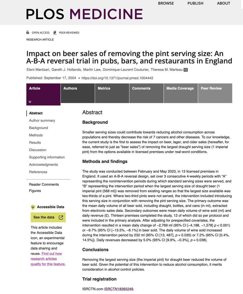 Behaviour Change by Design (@behavchangedsgn) on Twitter photo New Publication <a href="/PLOSMedicine/">PLOS Medicine</a>: removing the largest serving for draught beer - the imperial pint - reduced volume of beer sold in pubs by 10%
journals.plos.org/plosmedicine/a… <a href="/PCU_Cambridge/">Primary Care Unit, University of Cambridge</a> <a href="/MRC_BSU/">MRC Biostatistics Unit</a> <a href="/MarteauTM/">Theresa Marteau</a> <a href="/GJHollands/">Gareth Hollands (moved to Bluesky)</a> 1/7 New Publication <a href="/PLOSMedicine/">PLOS Medicine</a>: removing the largest serving for draught beer - the imperial pint - reduced volume of beer sold in pubs by 10%
journals.plos.org/plosmedicine/a… <a href="/PCU_Cambridge/">Primary Care Unit, University of Cambridge</a> <a href="/MRC_BSU/">MRC Biostatistics Unit</a> <a href="/MarteauTM/">Theresa Marteau</a> <a href="/GJHollands/">Gareth Hollands (moved to Bluesky)</a> 1/7