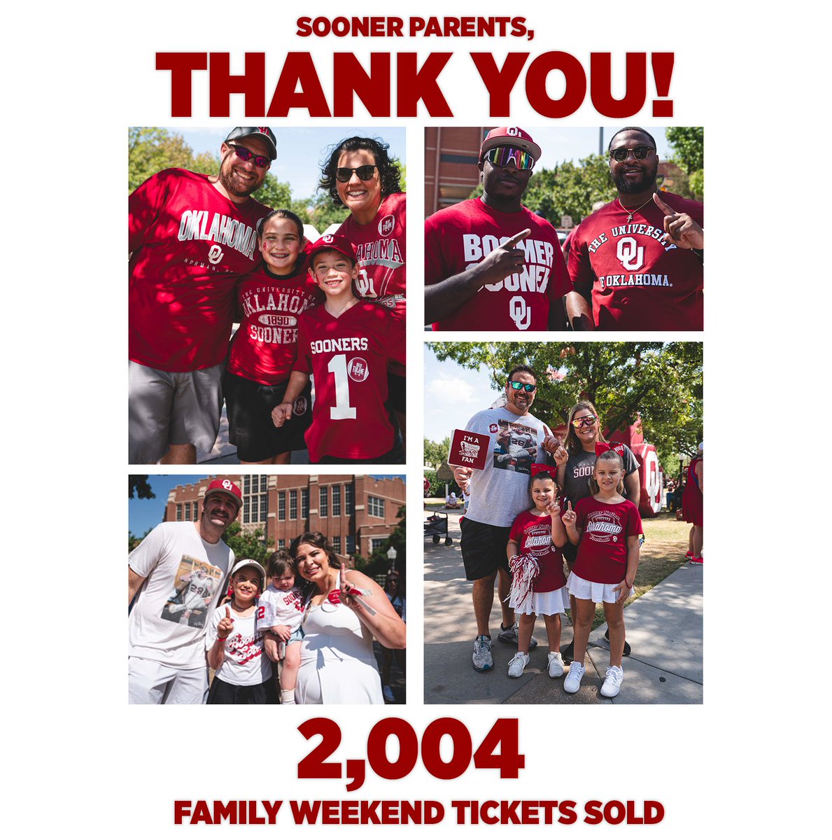 Huge thanks to our Sooner Parents &amp; Families who joined us for OU vs. Tulane last Saturday! The OU parents association sold an incredible 2,004 family weekend tickets - what an amazing turnout! #Boomer