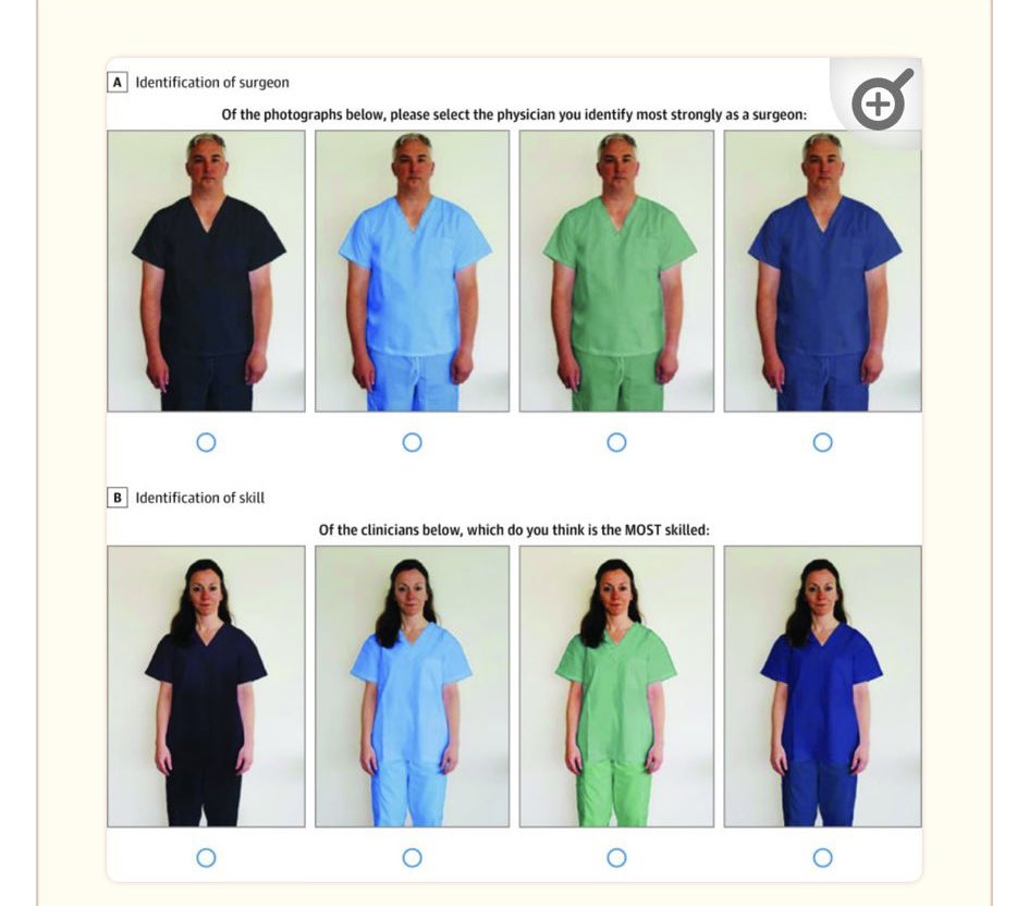 Hastalar doktorları scrubs renklerine göre şöyle tanımlıyor;

• Siyah giyenler bilgisiz, tecrübesiz,ilgisiz ve güvenilmez.
• Lacivert giyenler en bilgili, tecrübeli,güvenilir bulunurken;
• Açık mavi giyenler en ilgili olarak görülüyor.

• Yeşil ise cerrahiyi anımsatıyor.