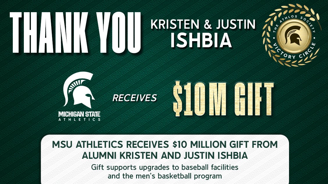 Thank you, Kristen and Justin Ishbia!

Their gift will support the <a href="/MSU_Basketball/">Michigan State Men's Basketball</a> program as well as upgrades to the <a href="/MSUBaseball/">Michigan State Baseball</a> facilities!

📰 sprtns.co/3Bh1GjP | #GoGreen