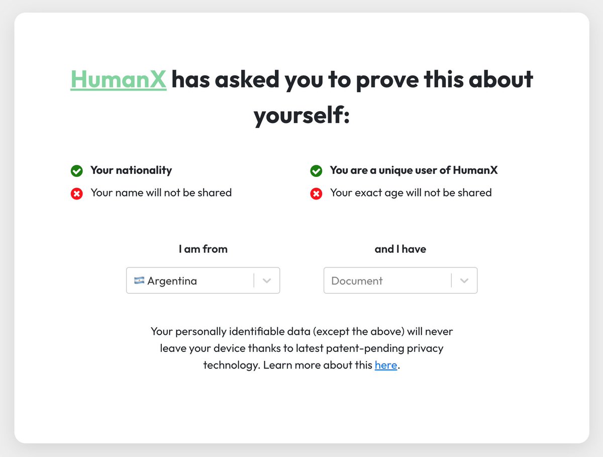 HUMANX — ZERO KNOWLEDGE SOCIAL MEDIA.

a todas la criptósfera de tuiter: estamos lanzando con los amigos de <a href="/getoutdid/">Outdid</a> un nuevo concepto de red social zero knowledge proof.

si tienen su pasaporte a mano, se pueden autenticar para participar de <a href="/humanxworld/">HumanX</a> haciendo una prueba de