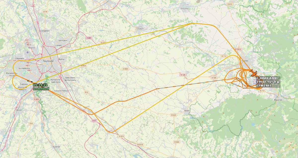 Exercice de parachutage, effectué jeudi dernier, au dessus de Castres par un A400M
F-RBAX est d'ailleurs le dernier A400M livré à ce jour à l'<a href="/Armee_de_lair/">Armée de l'Air et de l'Espace</a>
Il décollait à partir de l'aéroport de Toulouse-Francazal (<a href="/1er_RTP/">Chef de Corps 1er RTP</a>) à destination de Castres (<a href="/8eRPIMaOfficiel/">8e RPIMa - Officiel</a>)