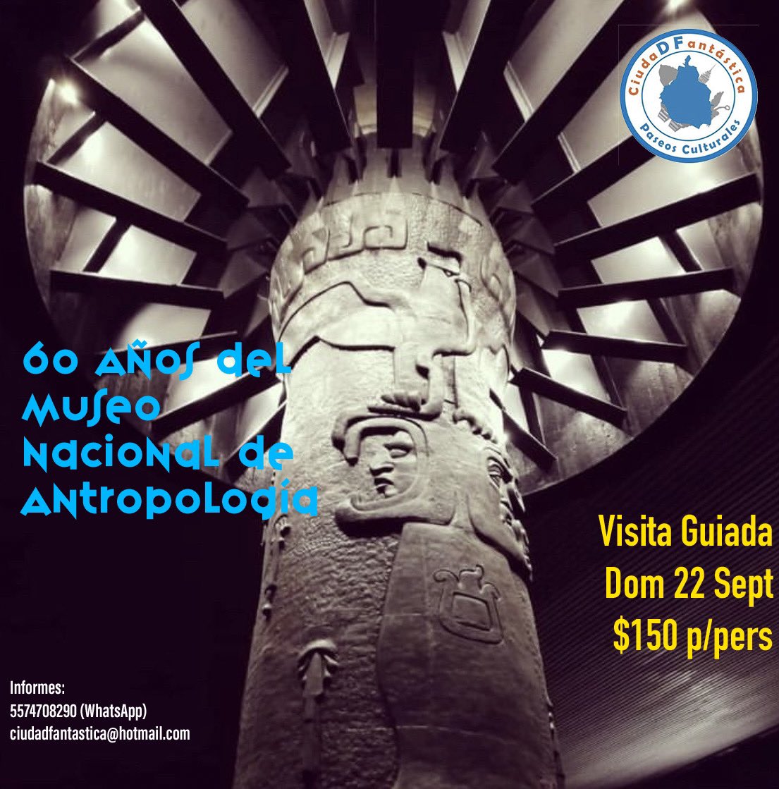 Acompáñanos a #festejar los #60Años del #Museo Nacional de #Antropología este Domingo 22 #Septiembre, con nuestra #VisitaGuiada especial, por sus salas y piezas más #icónicas.
Sólo $150 por persona. CUPO LIMITADO a 25 personas.
#MNA #Chapultepec #RamírezVázquez #CDMX #historia