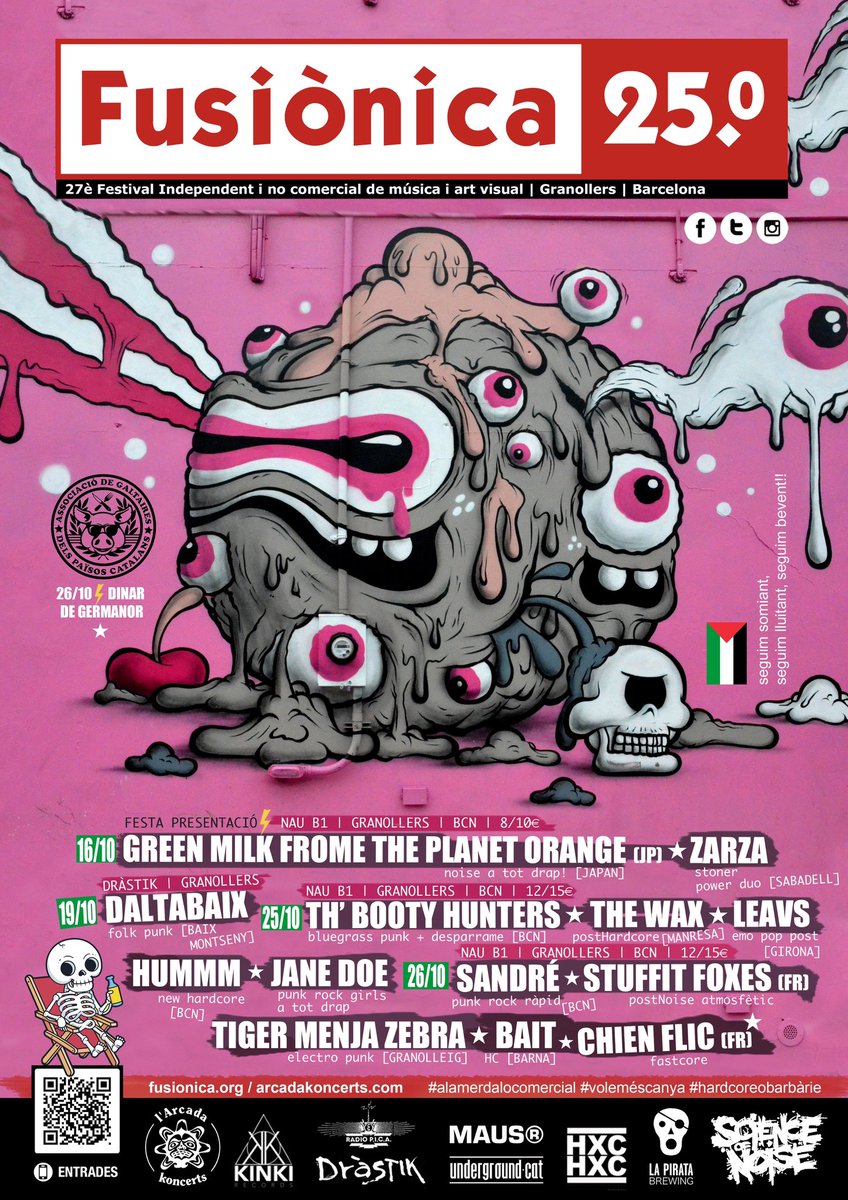 Cartell de la 27 edició del FESTIVAL FUSIÒNICA!!!🤘 4 dies, 13 bandes, molta música, presentacions de nous discs i dinar de germanor amb l’associació de Galtaires de Catalunya!!!
#alamerdalocomercial #hardcoreobarbarie 

>> fusionica.org