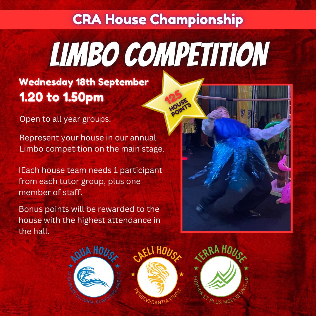 CRA House Championship (@cra_housechamp) on Twitter photo Looking forward to House Limbo tomorrow <a href="/Charles_Read_/">Charles Read Academy</a> to kick start the 2024/25 House Championship - Who will claim top spot after the first competition? Looking forward to House Limbo tomorrow <a href="/Charles_Read_/">Charles Read Academy</a> to kick start the 2024/25 House Championship - Who will claim top spot after the first competition?