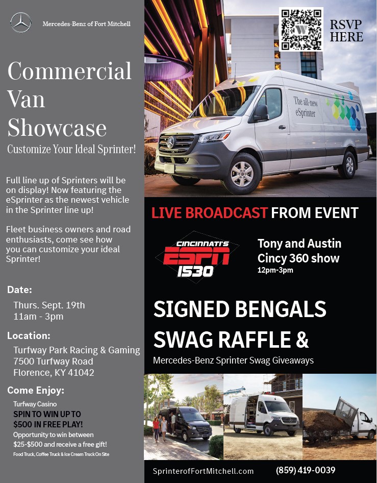 Jeff Wyler Automotive Family (@jeffwylerauto) on Twitter photo ๐พ๐ค๐ข๐ข๐๐ง๐๐๐๐ก ๐๐๐ฃ ๐๐๐ค๐ฌ๐๐๐จ๐: Join us <a href="/TurfwayPark/">Turfway Park Racing & Gaming</a> this Thursday for an incredible day of vans, food, & prizes! Explore our full lineup of Sprinters & see how you can customize your ideal vehicle. #Mercedes #showcase #vans ๐พ๐ค๐ข๐ข๐๐ง๐๐๐๐ก ๐๐๐ฃ ๐๐๐ค๐ฌ๐๐๐จ๐: Join us <a href="/TurfwayPark/">Turfway Park Racing & Gaming</a> this Thursday for an incredible day of vans, food, & prizes! Explore our full lineup of Sprinters & see how you can customize your ideal vehicle. #Mercedes #showcase #vans