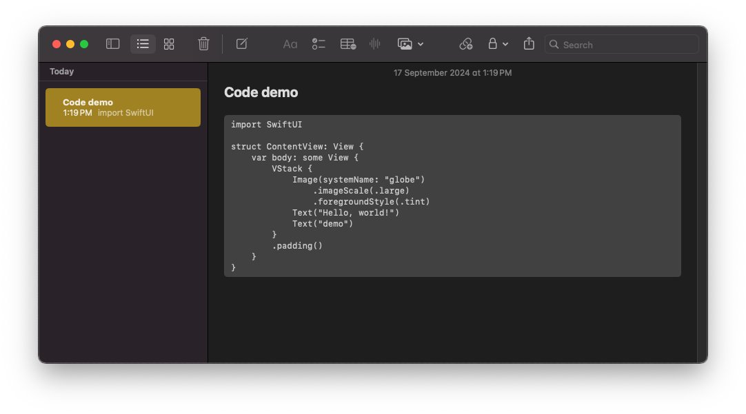 erikfloresq's tweet image. #appleNotes en #macOSSequoia  ya tiene formato para código 🤩 era lo único que me faltaba jaja