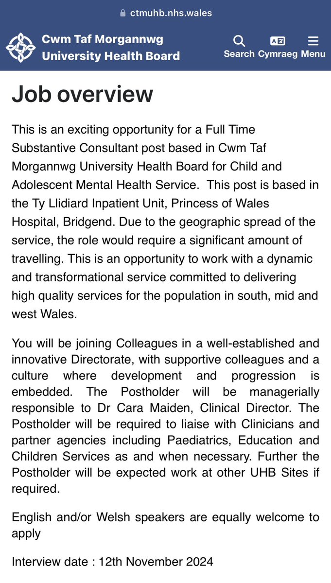 Come and work with us (and me) Rare opportunity for a new CAMHS inpatient post in an established and progressive regional unit in Cwm Taf. We have a full
Medical establishment too. Great career opp, good colleagues and a chance to develop own unique clinical/leadership/mgx role