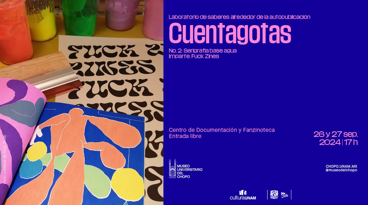 ¡Conoce más de serigrafía en 𝐂𝐮𝐞𝐧𝐭𝐚𝐠𝐨𝐭𝐚𝐬: 𝐋𝐚𝐛𝐨𝐫𝐚𝐭𝐨𝐫𝐢𝐨 𝐝𝐞 𝐬𝐚𝐛𝐞𝐫𝐞𝐬 𝐚𝐥𝐫𝐞𝐝𝐞𝐝𝐨𝐫 𝐝𝐞 𝐥𝐚 𝐚𝐮𝐭𝐨𝐩𝐮𝐛𝐥𝐢𝐜𝐚𝐜𝐢𝐨́𝐧!

📆Jueves 26 y viernes 27 de septiembre, 17:00 horas
🙌🏽Entrada libre
🤩No se requiere registro previo

Con Fuck Zines