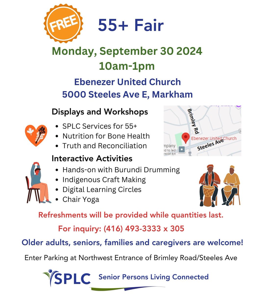 SPLCDOTCA's tweet photo. Are you or a family member 55+? Join us at Ebenezer United Church on Monday, September 30th for a Healthy Living Fair tailored to older adults.
See you there!

#MarkhamON #healthyaging #BoneHealth #chairyoga #burundidrumming #indigenouscrafts https://t.co/gq1oROwY0j