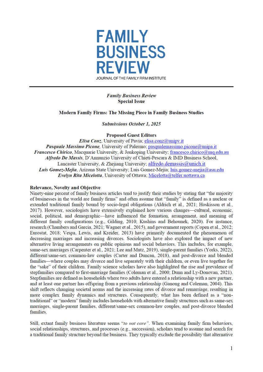 We're excited to introduce our upcoming Family Business Review Special Issue on 𝐌𝐨𝐝𝐞𝐫𝐧 𝐅𝐚𝐦𝐢𝐥𝐲 𝐅𝐢𝐫𝐦𝐬: 𝐓𝐡𝐞 𝐌𝐢𝐬𝐬𝐢𝐧𝐠 𝐏𝐢𝐞𝐜𝐞 𝐢𝐧 𝐅𝐚𝐦𝐢𝐥𝐲 𝐁𝐮𝐬𝐢𝐧𝐞𝐬𝐬 𝐒𝐭𝐮𝐝𝐢𝐞𝐬.

Deadline: 10/1/25