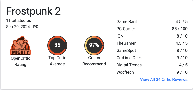Open_Critic's tweet photo. Frostpunk 2 has excellent reviews, with 97% of our partners recommending the sequel.

Check out the reviews: https://t.co/TCA4oyyeFr

Are you planning on playing?

#Frostpunk2 #VideoGames #Gaming https://t.co/L4jGTeR4nX